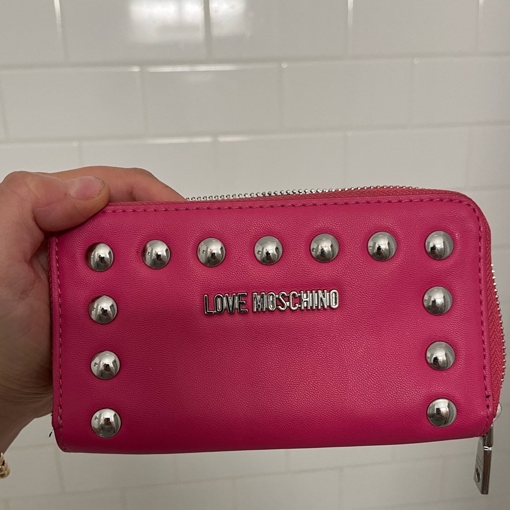 LOVE MOSCHINO Pink studded wallet with silver hardware​​​​